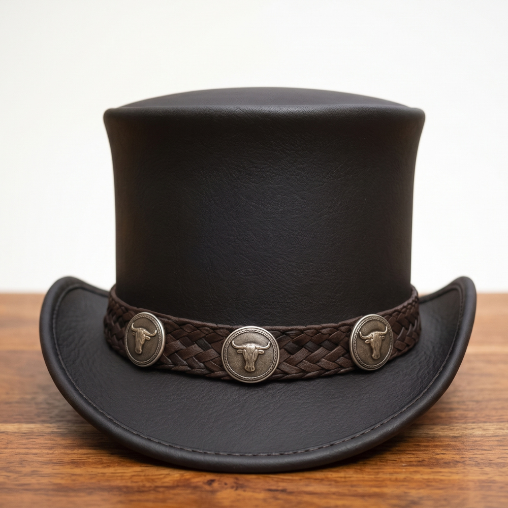 Handmade Black Cowhide Leather Top Hat – Steampunk Gothic Western Hat