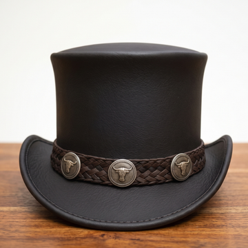 Handmade Black Cowhide Leather Top Hat – Steampunk Gothic Western Hat
