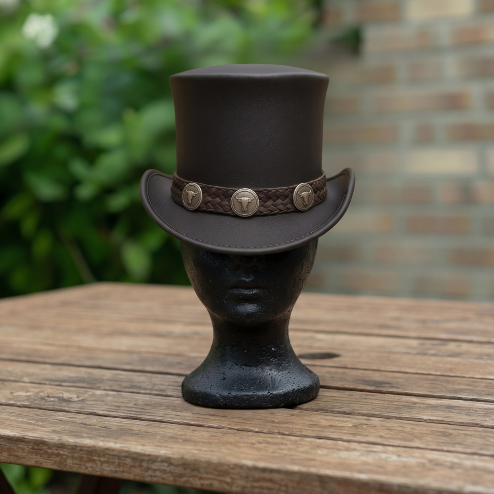 Handmade Black Cowhide Leather Top Hat – Steampunk Gothic Western Hat