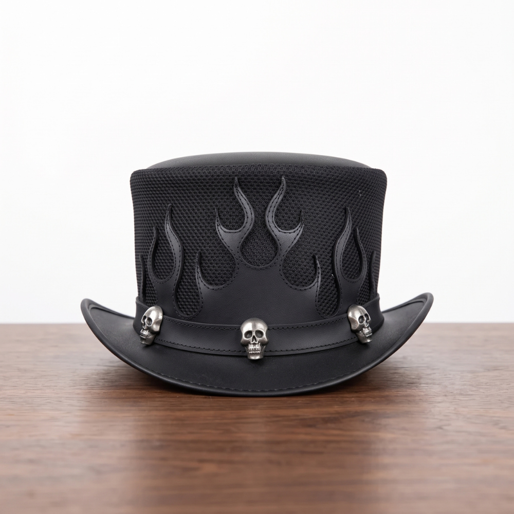 Black Leather Skull Top Hat with Flame Design – Steampunk Gothic Cosplay Hat