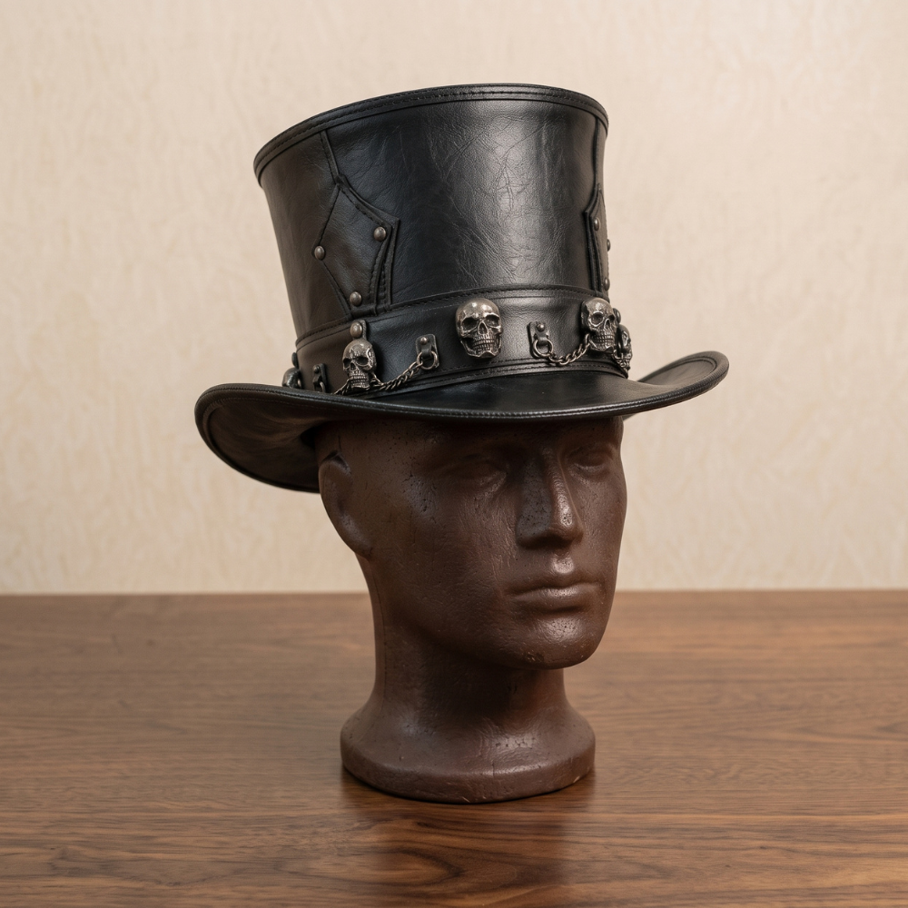 Leather Skull Top Hat with Chain – Gothic Steampunk Victorian Costume Hat