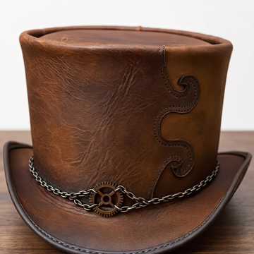 Handmade Brown Leather Top Hat – Victorian Steampunk Gothic Cosplay Hat