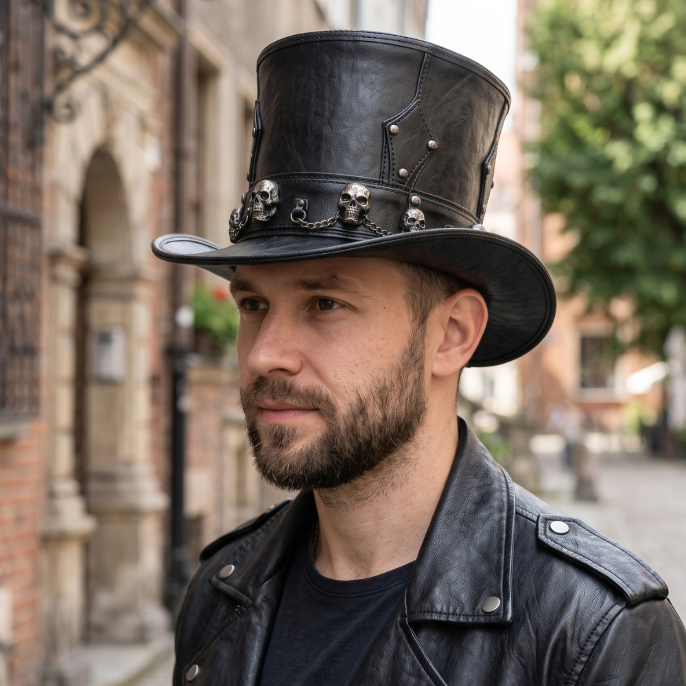 Leather Skull Top Hat with Chain – Gothic Steampunk Victorian Costume Hat