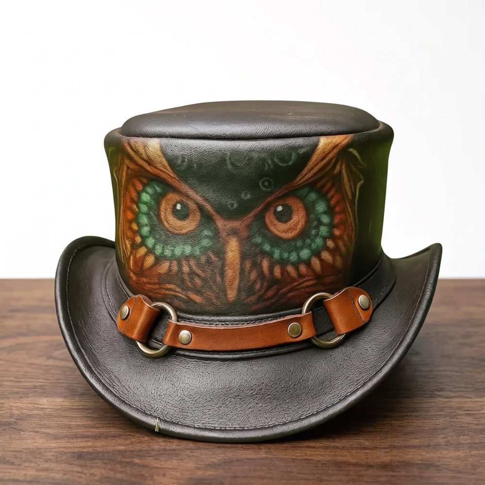 Hand-Painted Owl Leather Top Hat – Steampunk Gothic Cosplay Hat