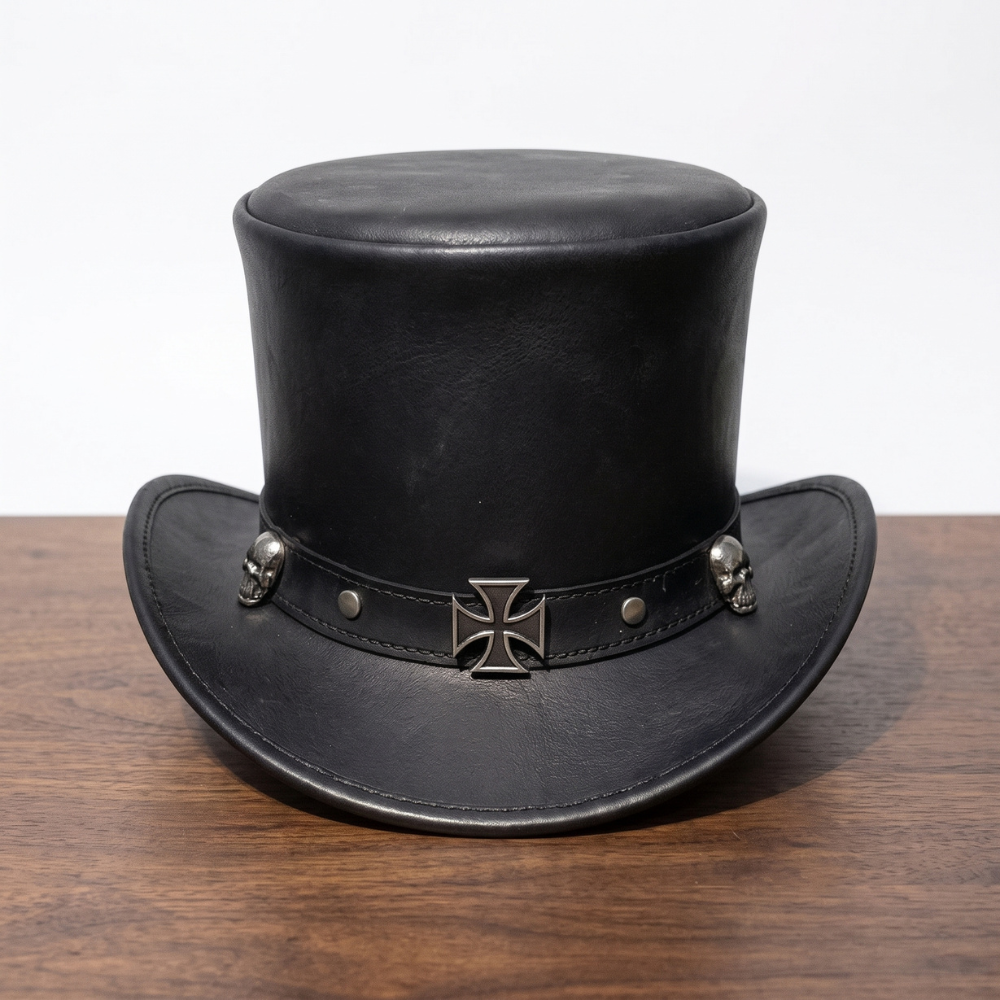 Black Leather Skull Top Hat with Metal Band – Gothic Steampunk Biker Hat