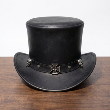 Black Leather Skull Top Hat with Metal Band – Gothic Steampunk Biker Hat