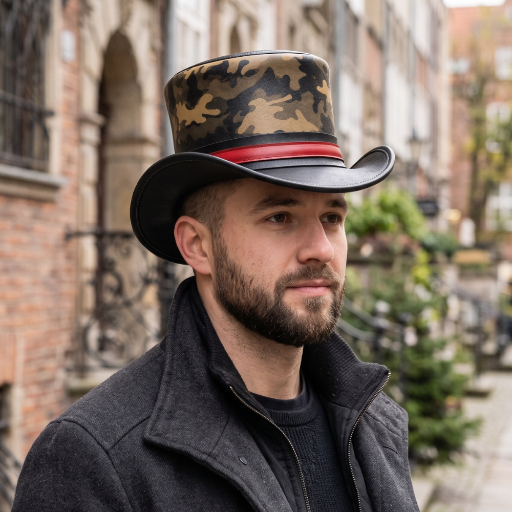 Camo Leather Top Hat with Red Band – Steampunk Gothic Western Hat