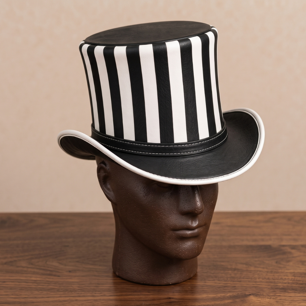 Black and White Striped Leather Top Hat – Gothic Steampunk Ringmaster Hat