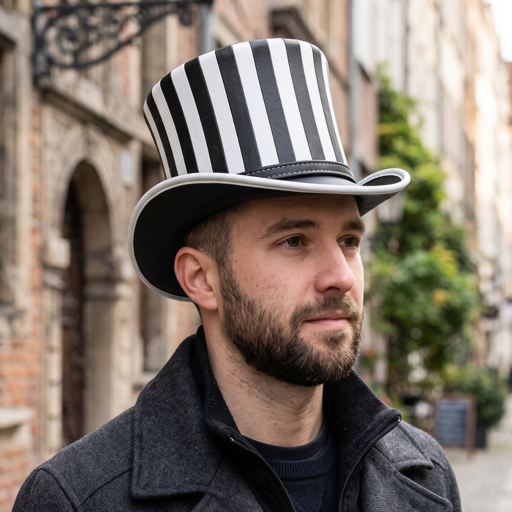 Black and White Striped Leather Top Hat – Gothic Steampunk Ringmaster Hat