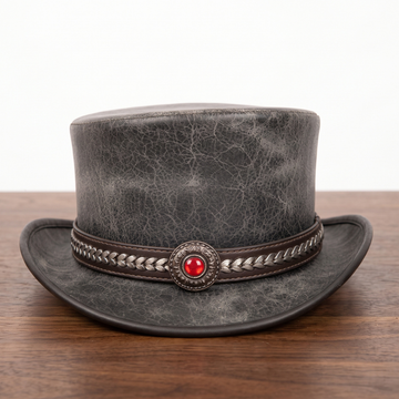 Distressed Leather Top Hat with Chain Band & Red Stone – Steampunk Hat