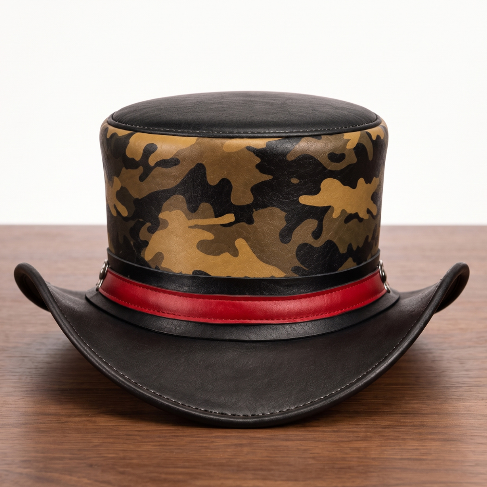 Camo Leather Top Hat with Red Band – Steampunk Gothic Western Hat