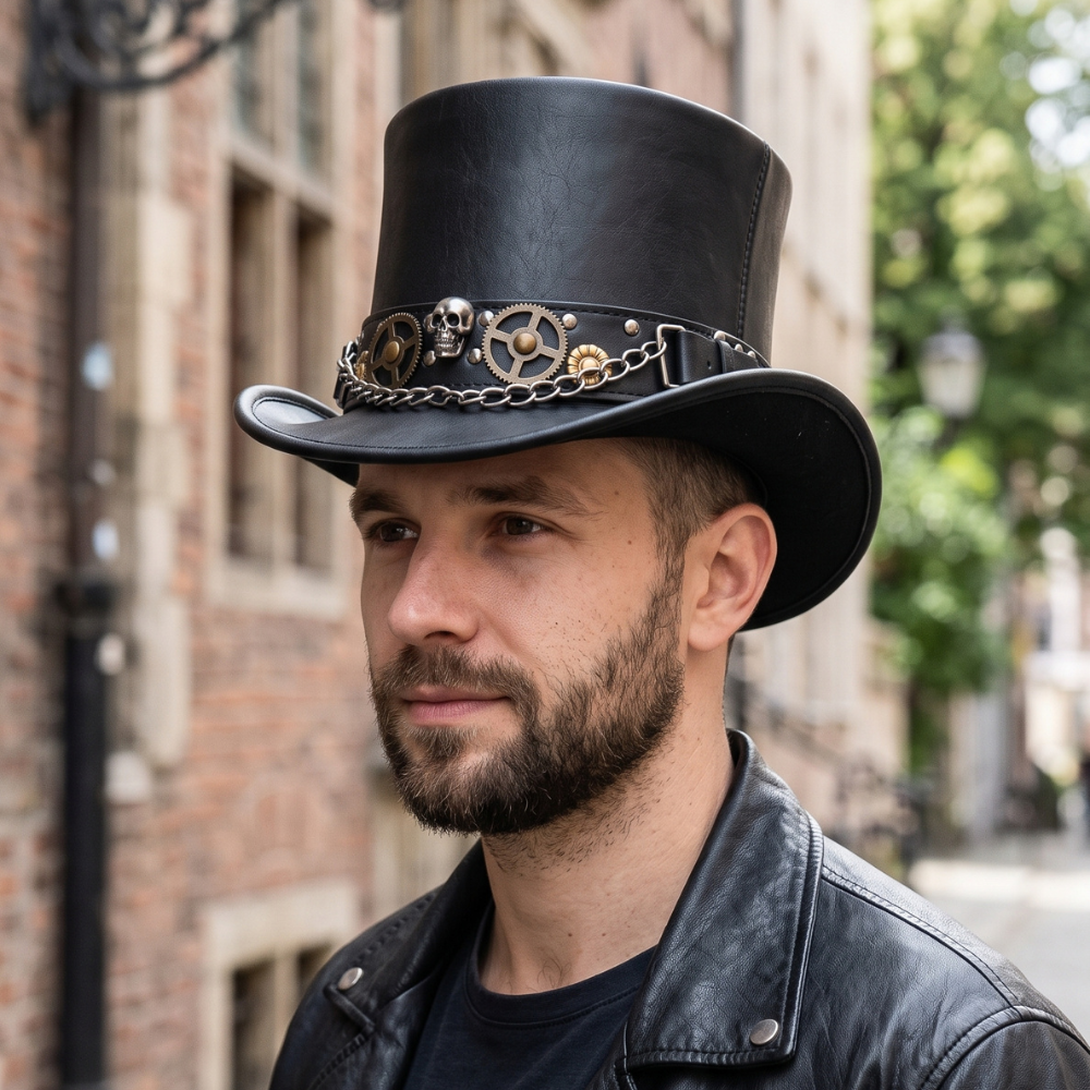Black Leather Steampunk Top Hat with Skull, Gears & Chain – Gothic Biker Hat
