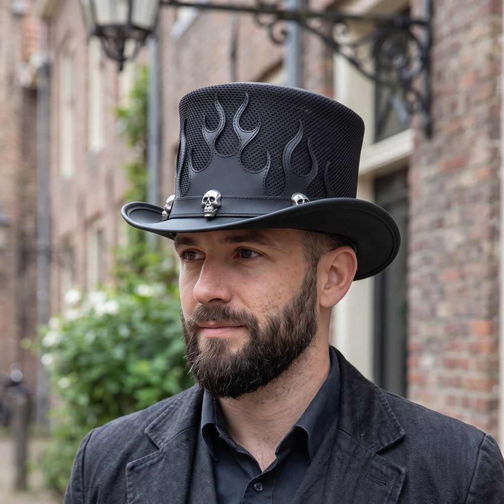 Black Leather Skull Top Hat with Flame Design – Steampunk Gothic Cosplay Hat