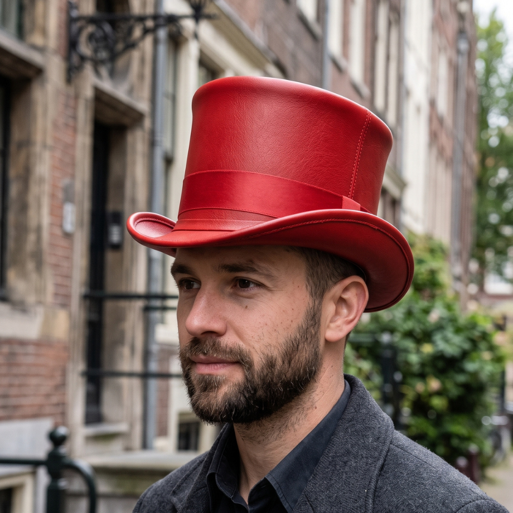 Red Leather Steampunk Top Hat – Mad Hatter Victorian Cosplay Hat