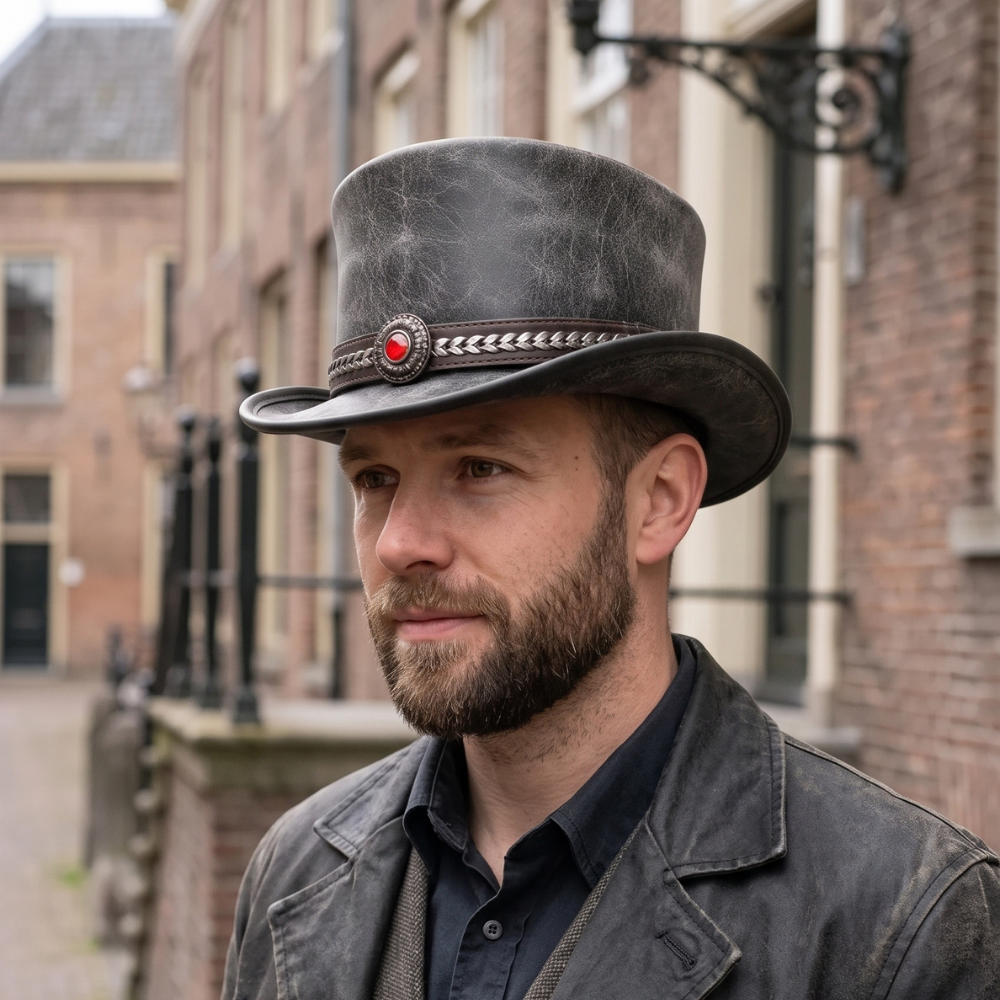 Distressed Leather Top Hat with Chain Band & Red Stone – Steampunk Hat