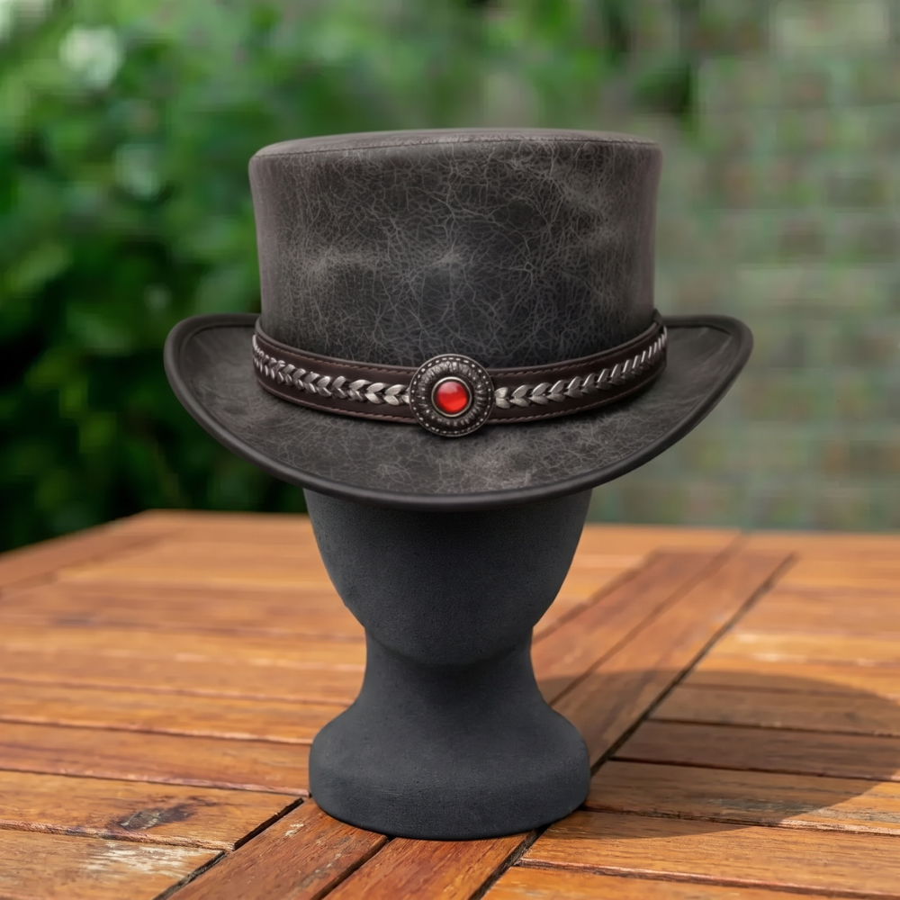 Distressed Leather Top Hat with Chain Band & Red Stone – Steampunk Hat