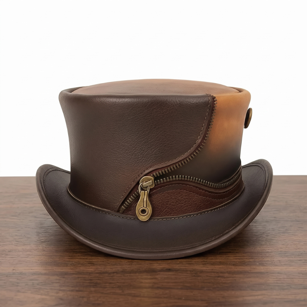 Steampunk Leather Top Hat with Zipper – Gothic Victorian Cosplay Hat