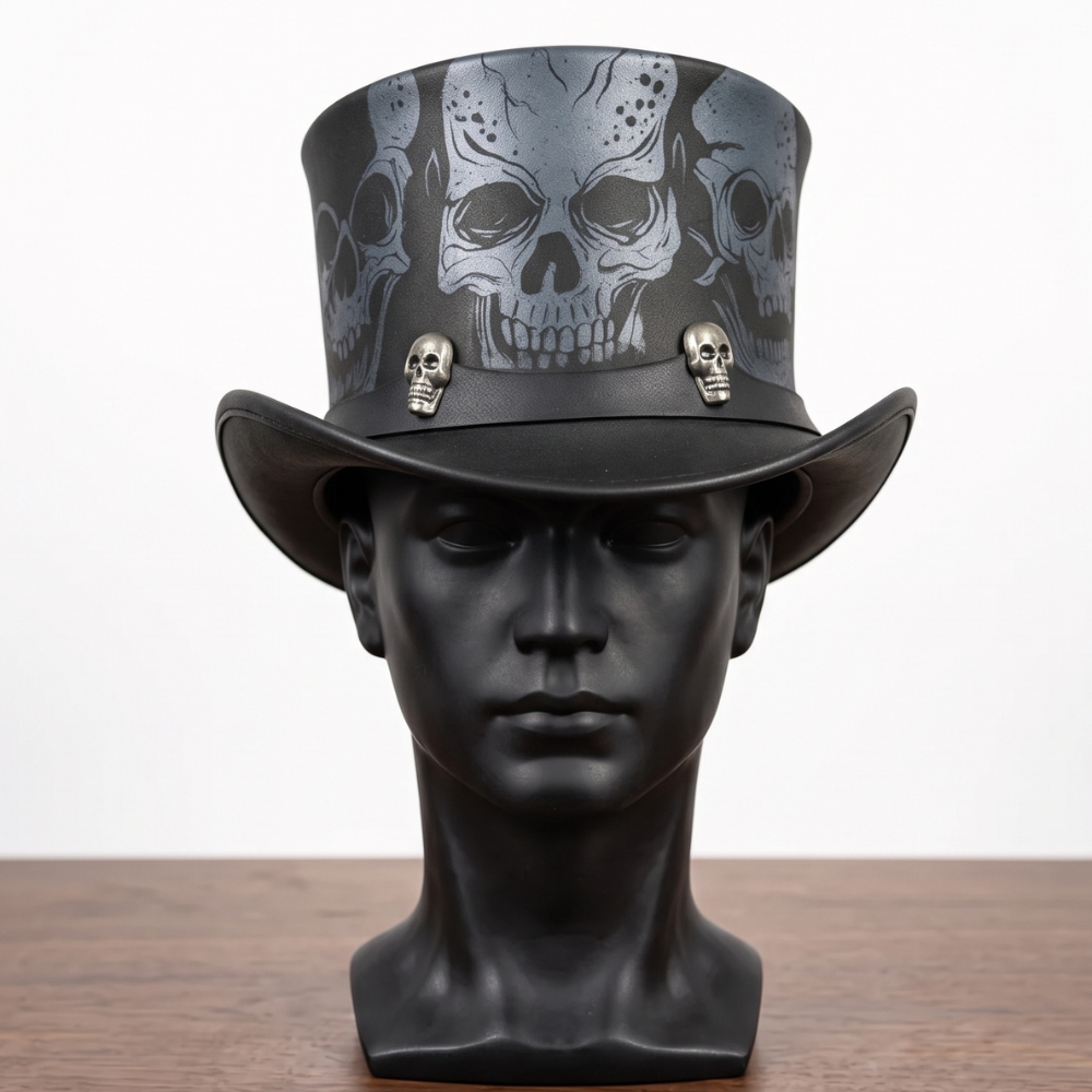 Black Leather Skull Top Hat – Gothic Steampunk Festival & Cosplay Hat