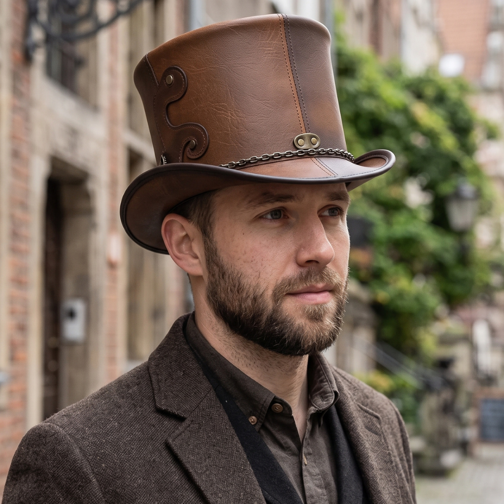 Handmade Brown Leather Top Hat – Victorian Steampunk Gothic Cosplay Hat
