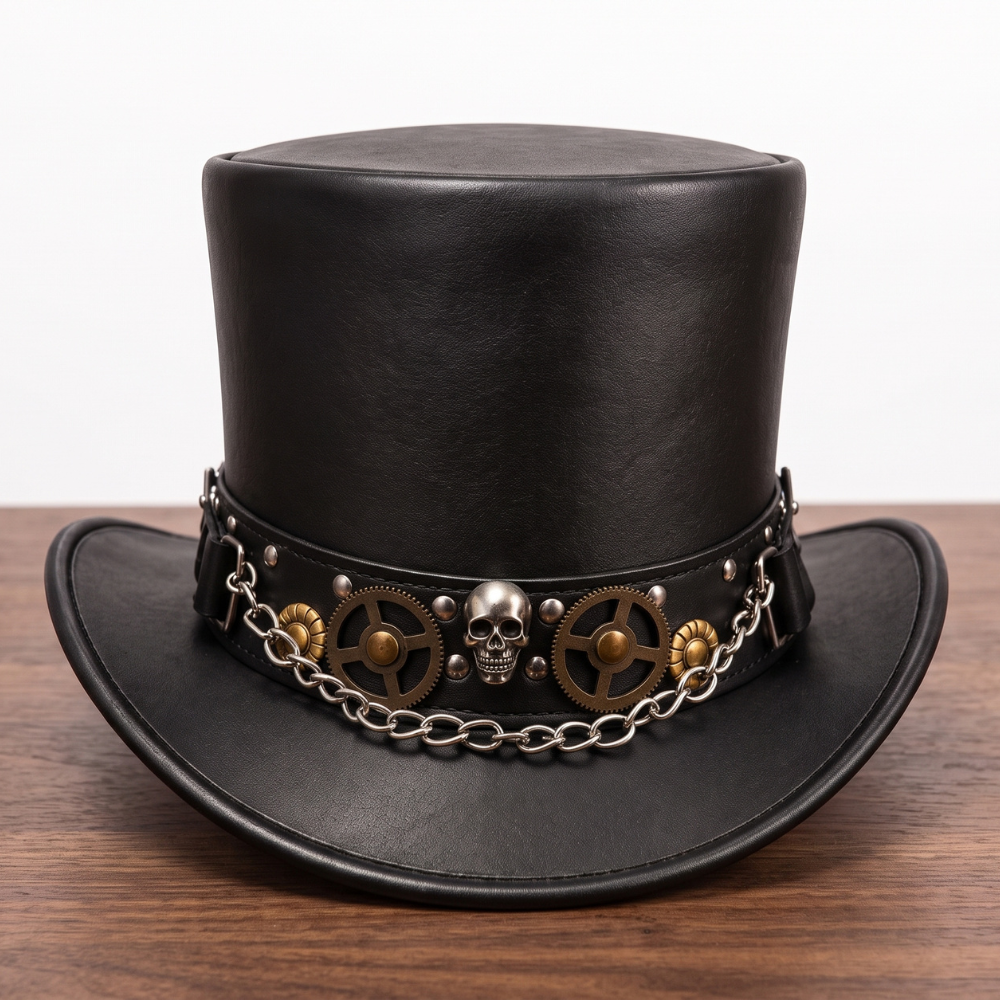 Black Leather Steampunk Top Hat with Skull, Gears & Chain – Gothic Biker Hat