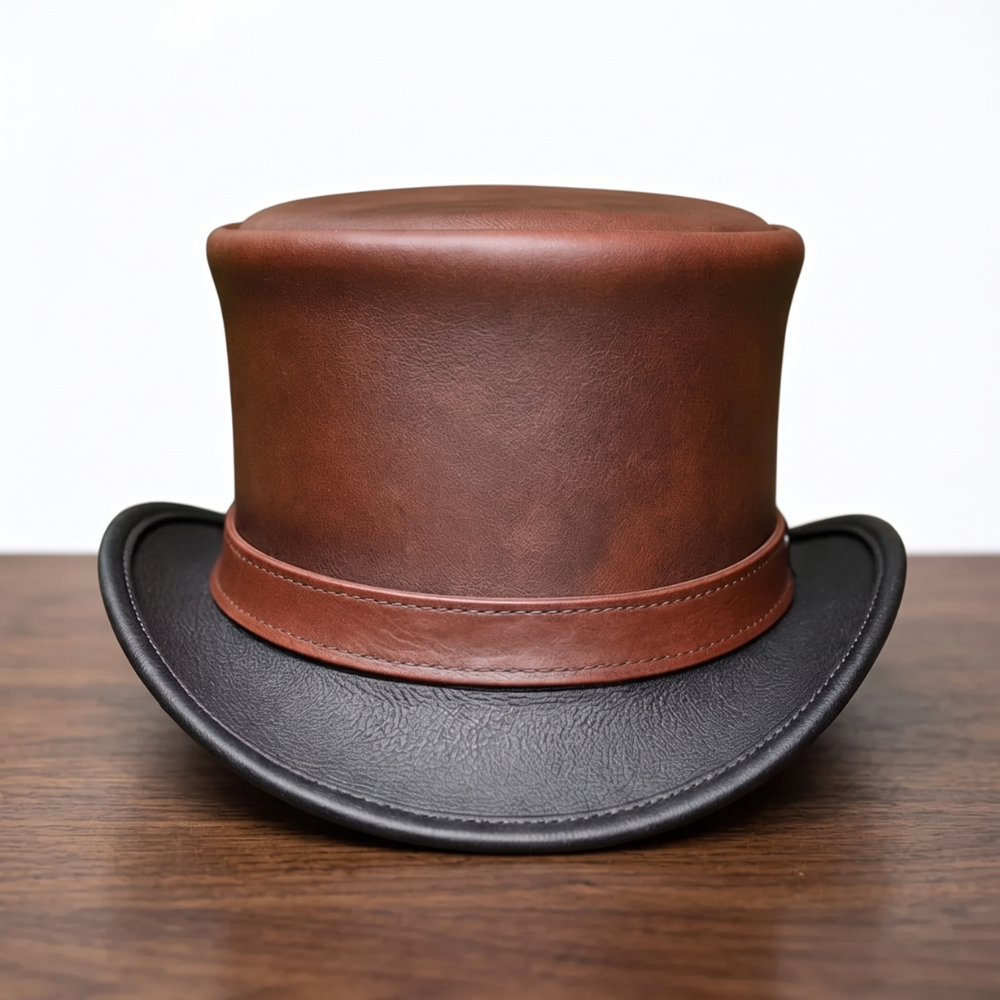 Handmade Brown & Black Leather Top Hat – Victorian Steampunk Gothic Cosplay Hat