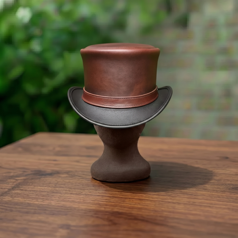 Handmade Brown & Black Leather Top Hat – Victorian Steampunk Gothic Cosplay Hat