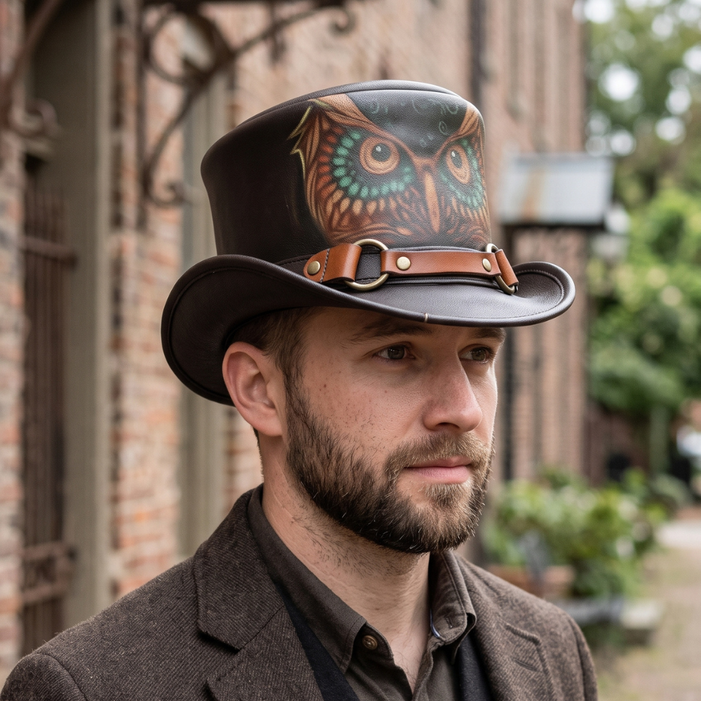 Hand-Painted Owl Leather Top Hat – Steampunk Gothic Cosplay Hat