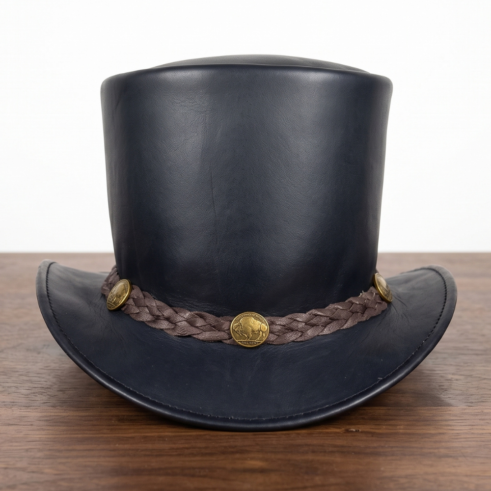Handmade Black Leather Top Hat with Braided Band – Victorian Steampunk Hat