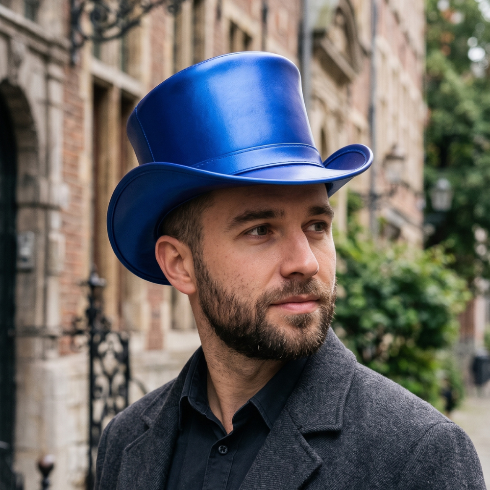 Metallic Blue Leather Top Hat – Steampunk Victorian Unisex Festival Hat