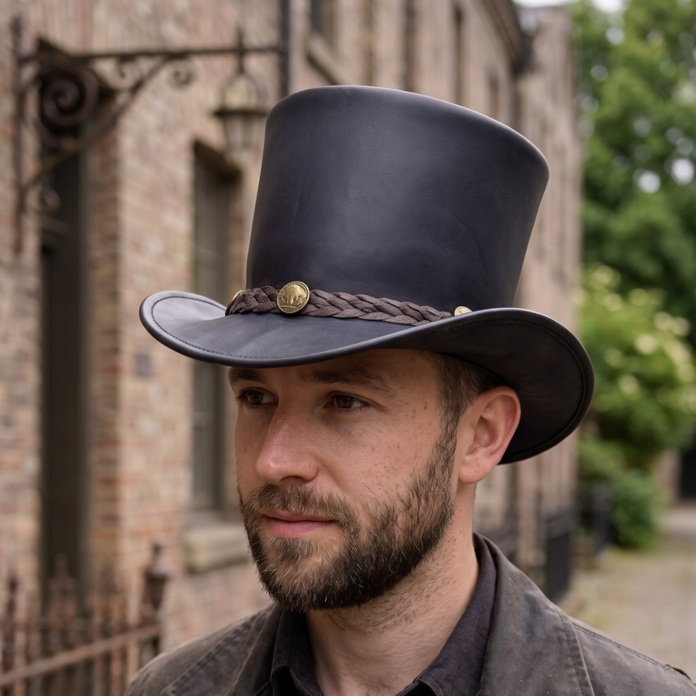 Handmade Black Leather Top Hat with Braided Band – Victorian Steampunk Hat