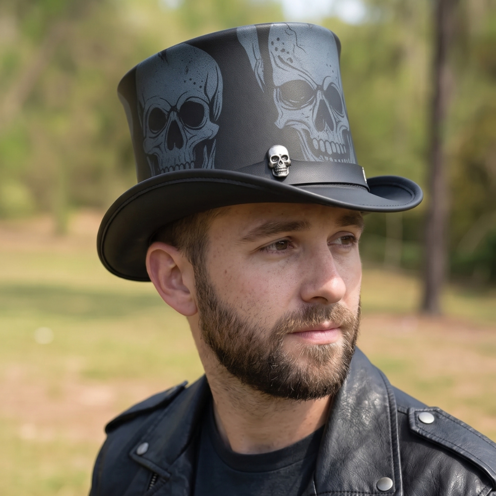 Black Leather Skull Top Hat – Gothic Steampunk Festival & Cosplay Hat