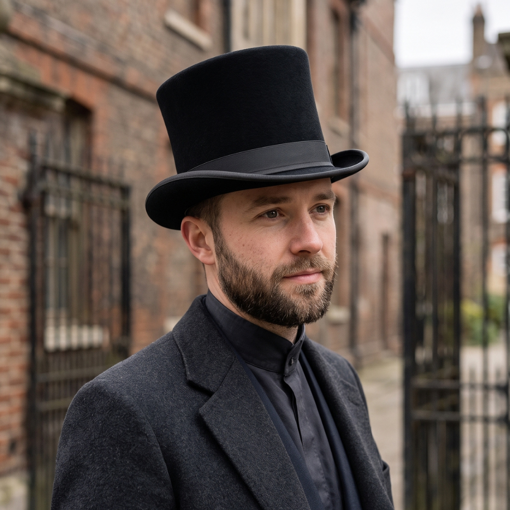 Black Silk Victorian Steampunk Top Hat – Handmade Men's Cosplay Costume Hat