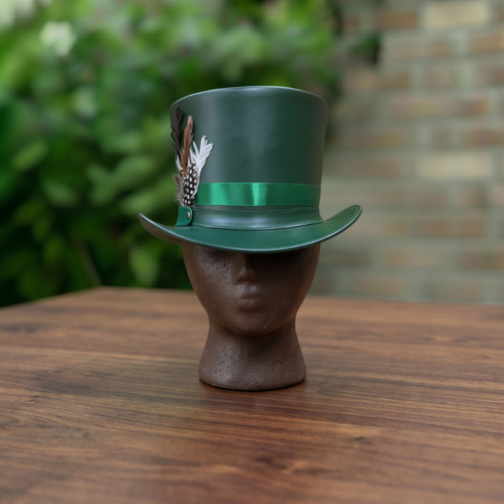 Green Leather Top Hat with Feather Detail – Steampunk Victorian Cosplay Hat