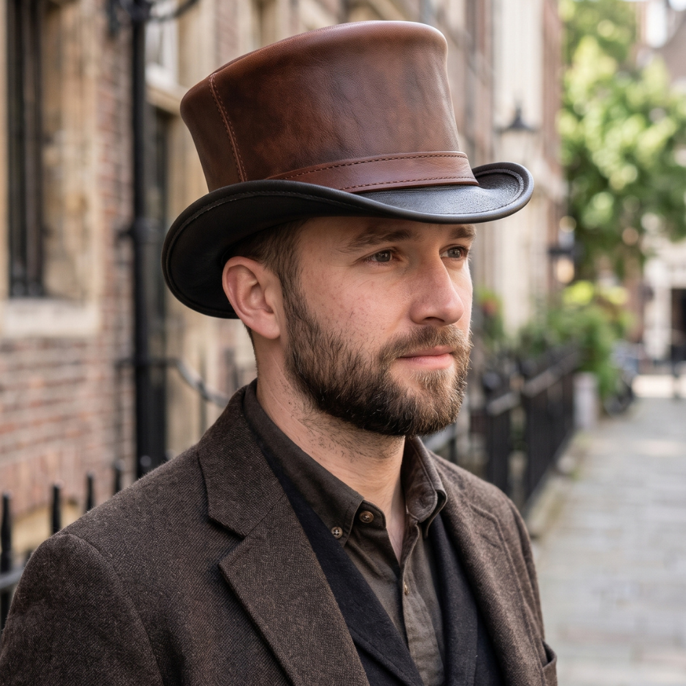 Handmade Brown & Black Leather Top Hat – Victorian Steampunk Gothic Cosplay Hat