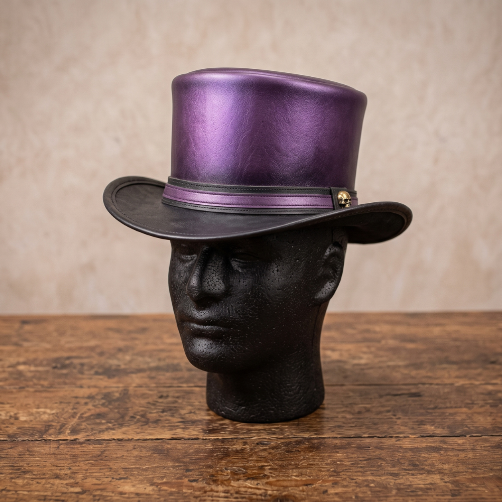 Purple Leather Top Hat with Skull Accent – Steampunk Gothic Victorian Hat