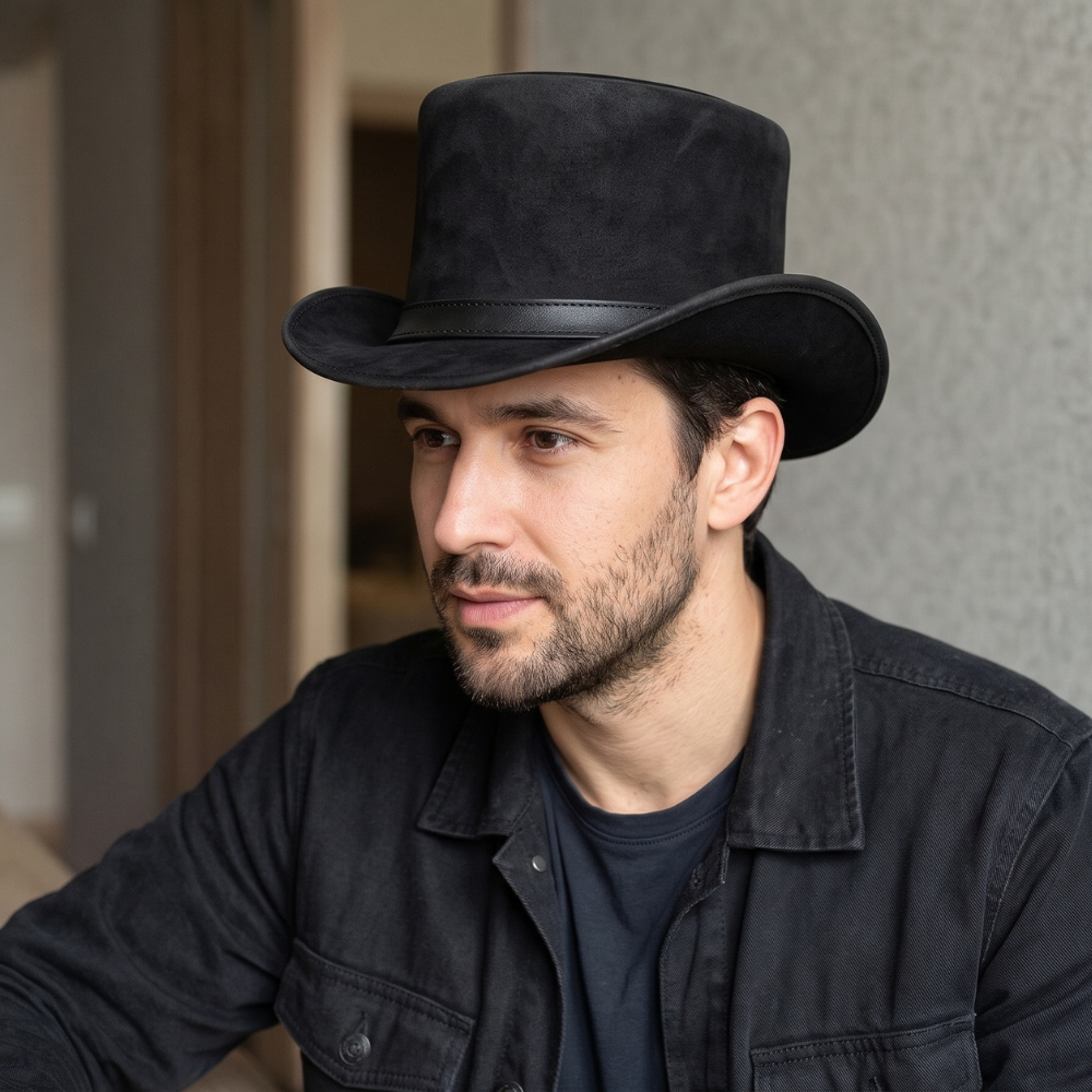 Black Suede Steampunk Top Hat – Gothic Victorian Cosplay Hat