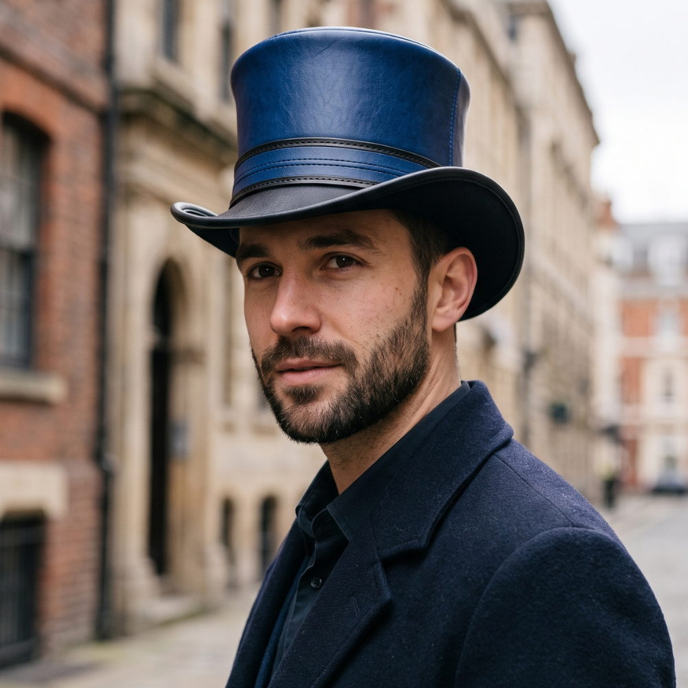 Navy Blue Leather Top Hat – Steampunk Victorian Gothic Cosplay Hat