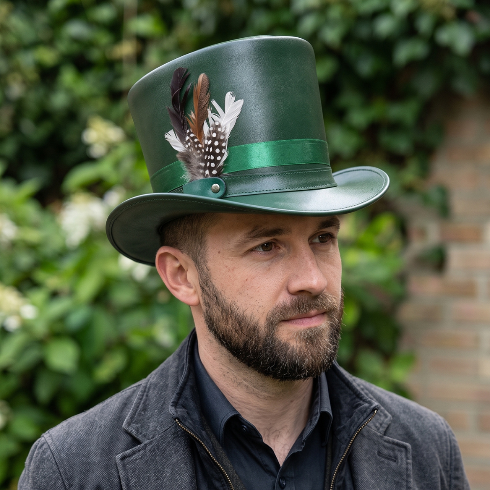 Green Leather Top Hat with Feather Detail – Steampunk Victorian Cosplay Hat
