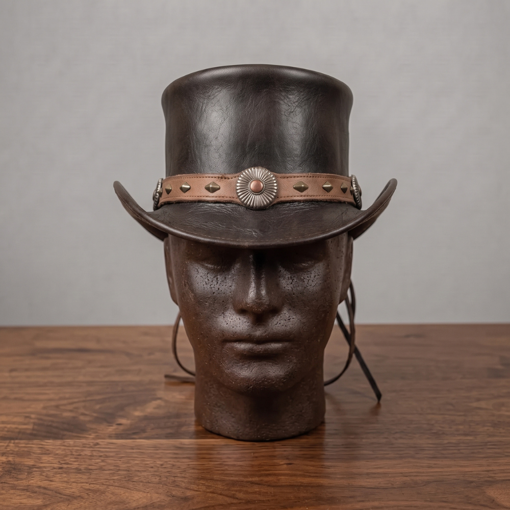 Handmade Black Leather Western Top Hat – Gothic Steampunk Festival Hat