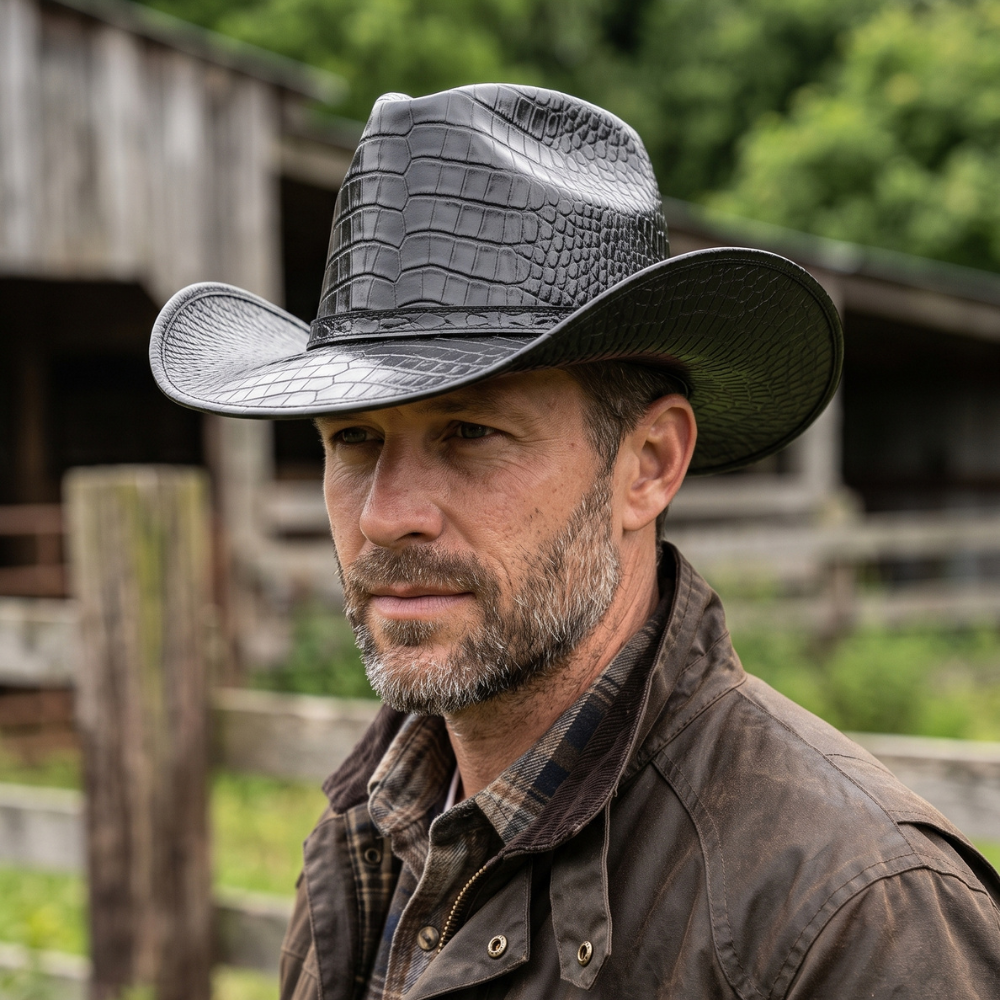 Black Crocodile Embossed Cowboy Hat – Western Rodeo Style for Men & Women