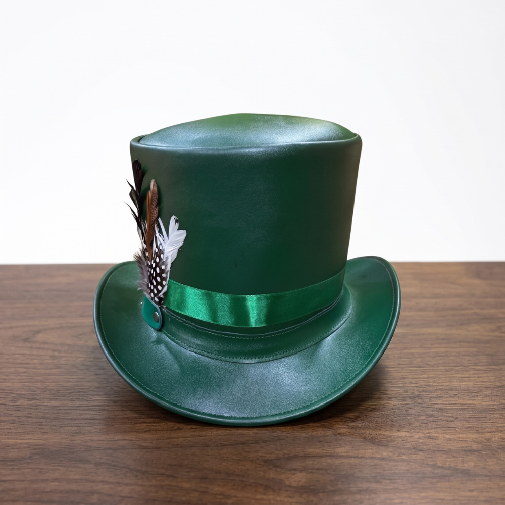 Green Leather Top Hat with Feather Detail – Steampunk Victorian Cosplay Hat