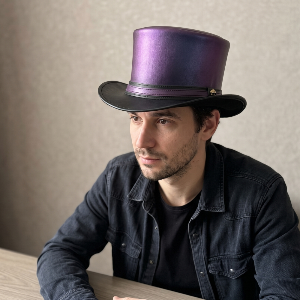 Purple Leather Top Hat with Skull Accent – Steampunk Gothic Victorian Hat