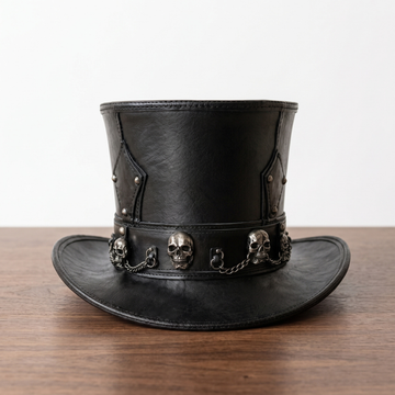 Leather Skull Top Hat with Chain – Gothic Steampunk Victorian Costume Hat
