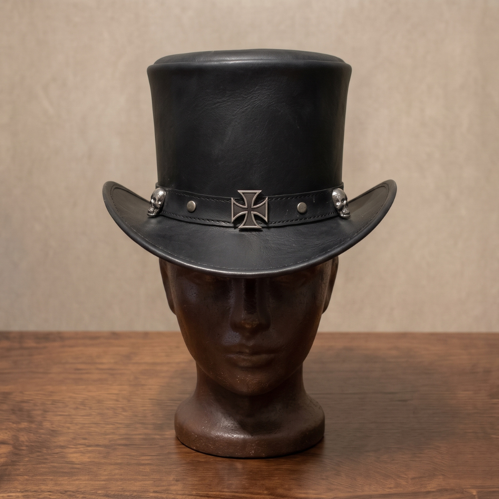 Black Leather Skull Top Hat with Metal Band – Gothic Steampunk Biker Hat