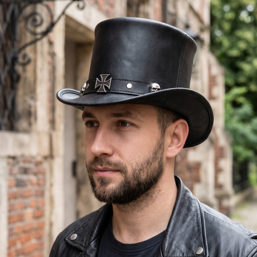 Black Leather Skull Top Hat with Metal Band – Gothic Steampunk Biker Hat