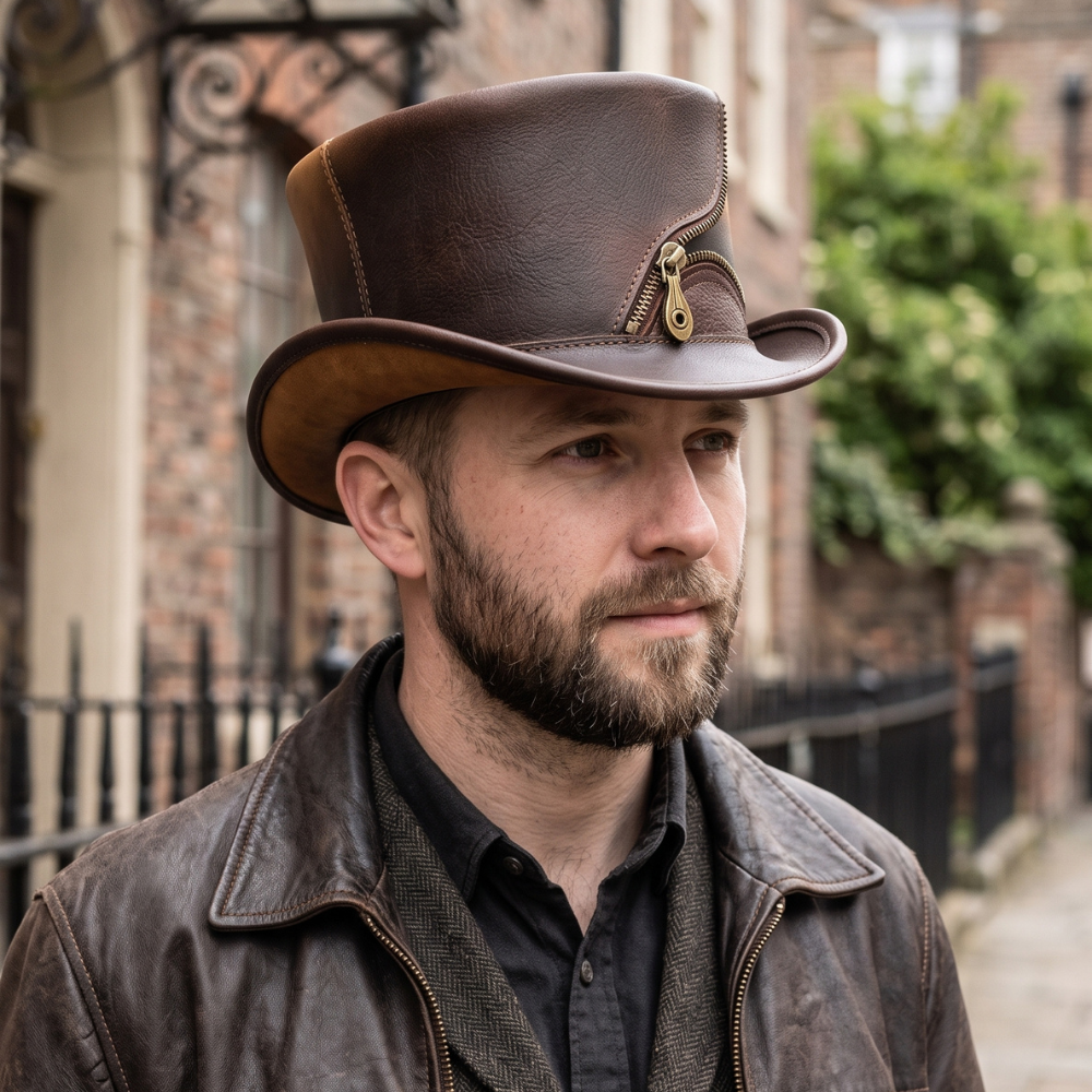 Steampunk Leather Top Hat with Zipper – Gothic Victorian Cosplay Hat
