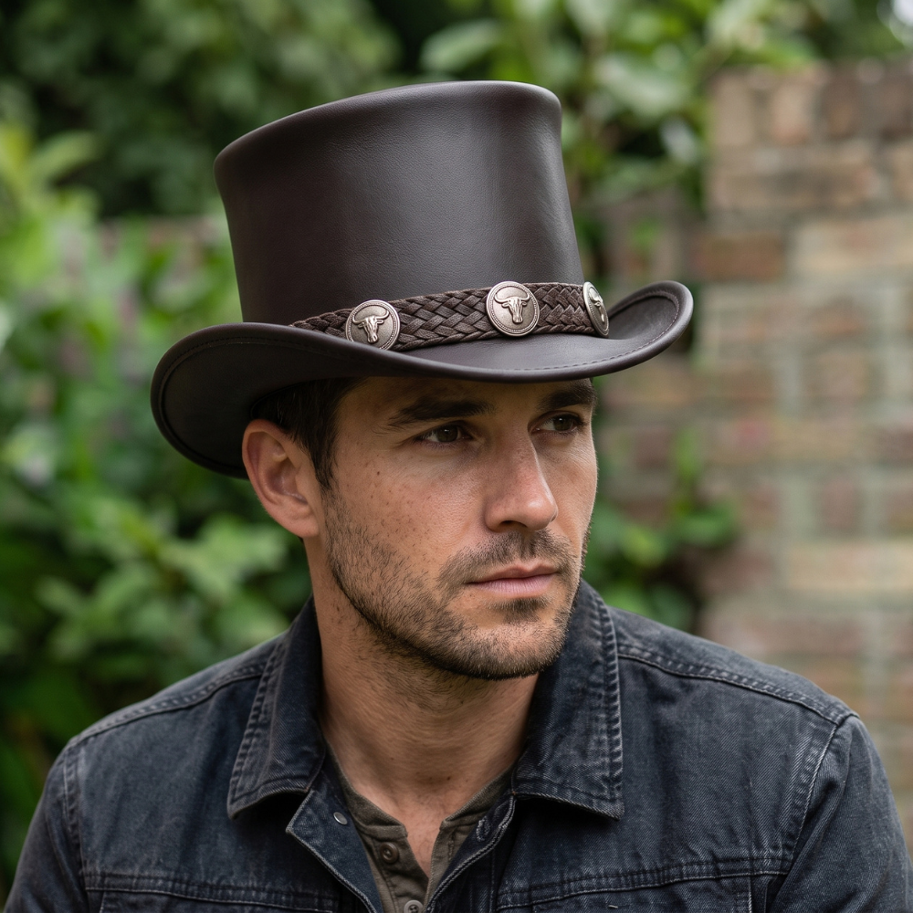 Handmade Black Cowhide Leather Top Hat – Steampunk Gothic Western Hat