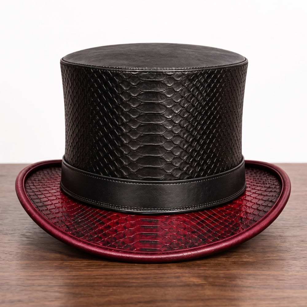 Black & Burgundy Leather Top Hat – Steampunk Gothic Victorian Cosplay Hat