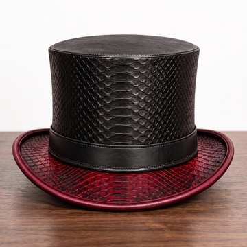 Black & Burgundy Leather Top Hat – Steampunk Gothic Victorian Cosplay Hat