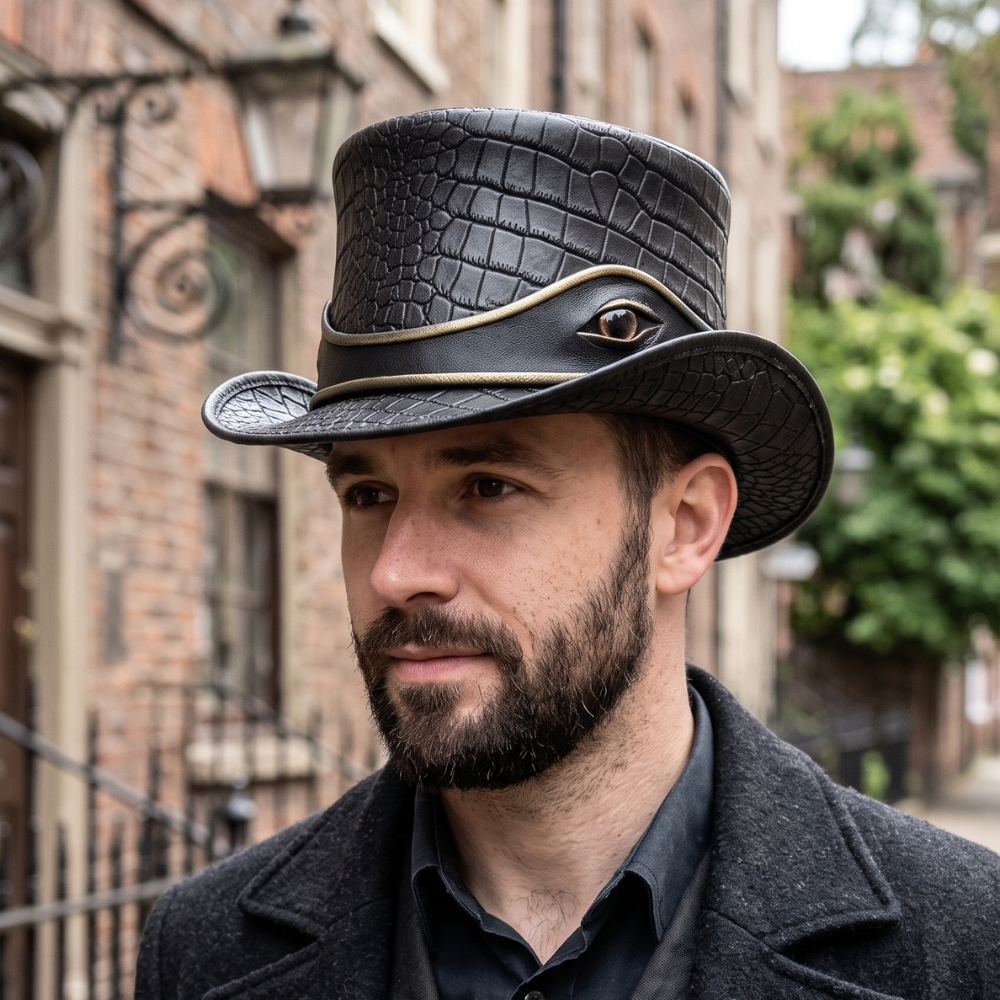 Handmade Black Leather Steampunk Top Hat – Gothic Victorian Festival Hat